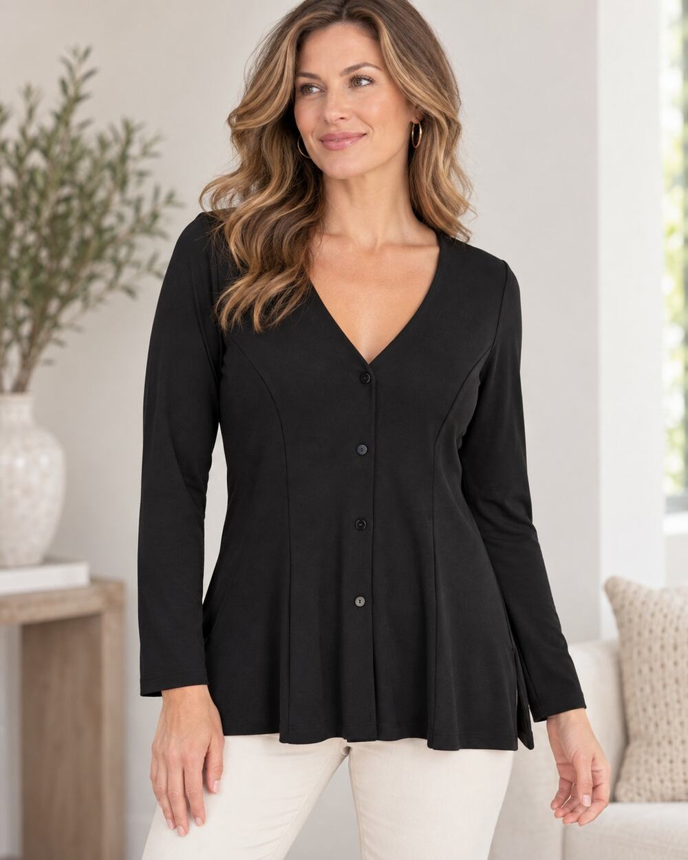Boston Proper Women's Blouse Top Black Medium Button Down Stretch Long Sleeve